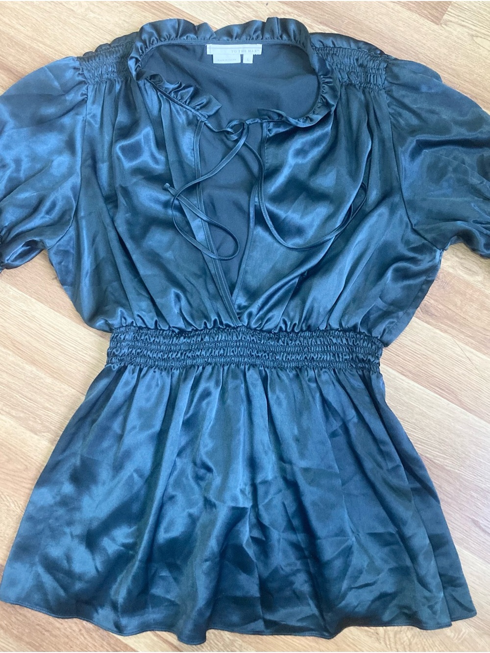 Stunning Blue Green Vintage To The Max Satin Smocked-Waist Ruffle Tie Blouse